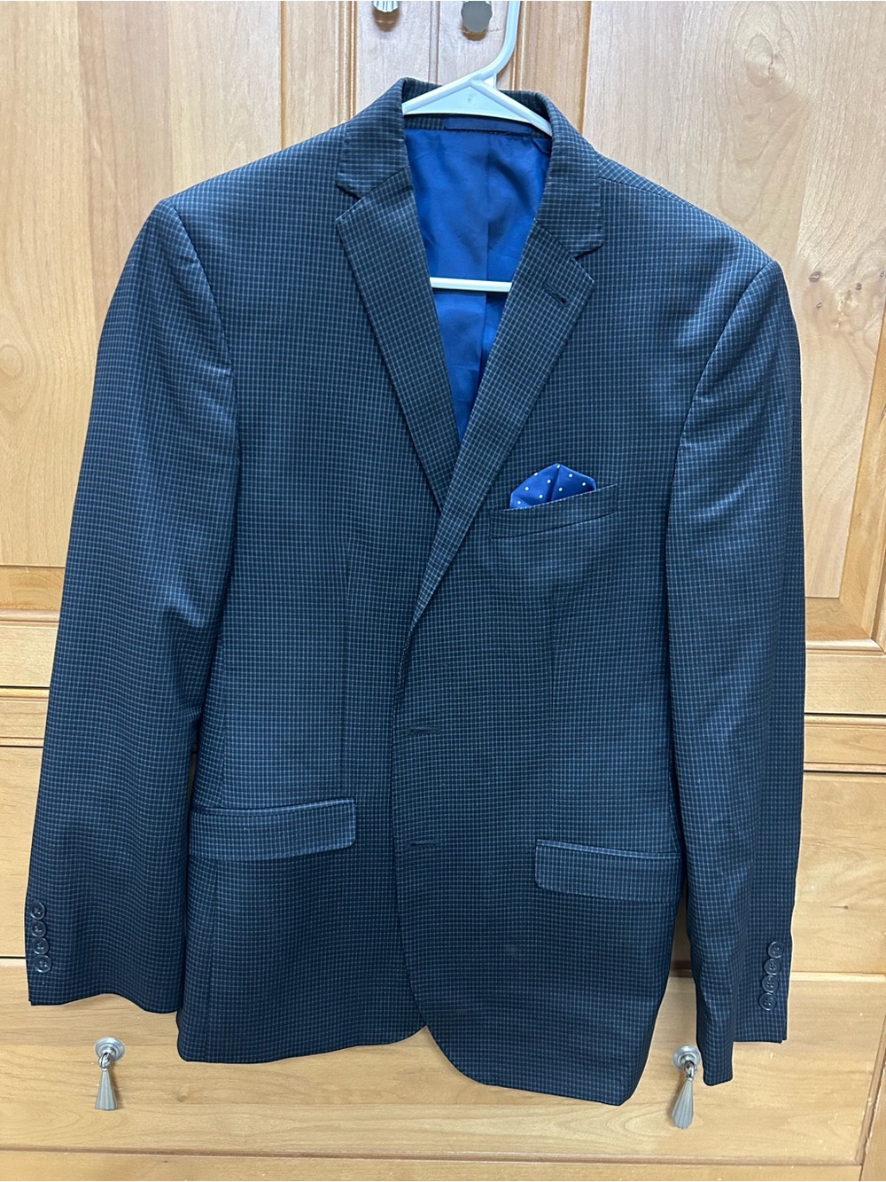 Men's Navy Micro-Check Blazer with Blue Lining and Pocket Square